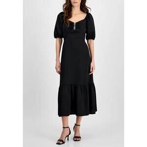 Anne Klein Women's Rhinestone Puff-Sleeve Midi Dress Black Size 8